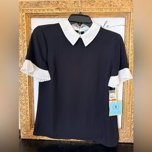 NWT CeCe Black Top with White Collar & Pleated Sleeve Cuffs